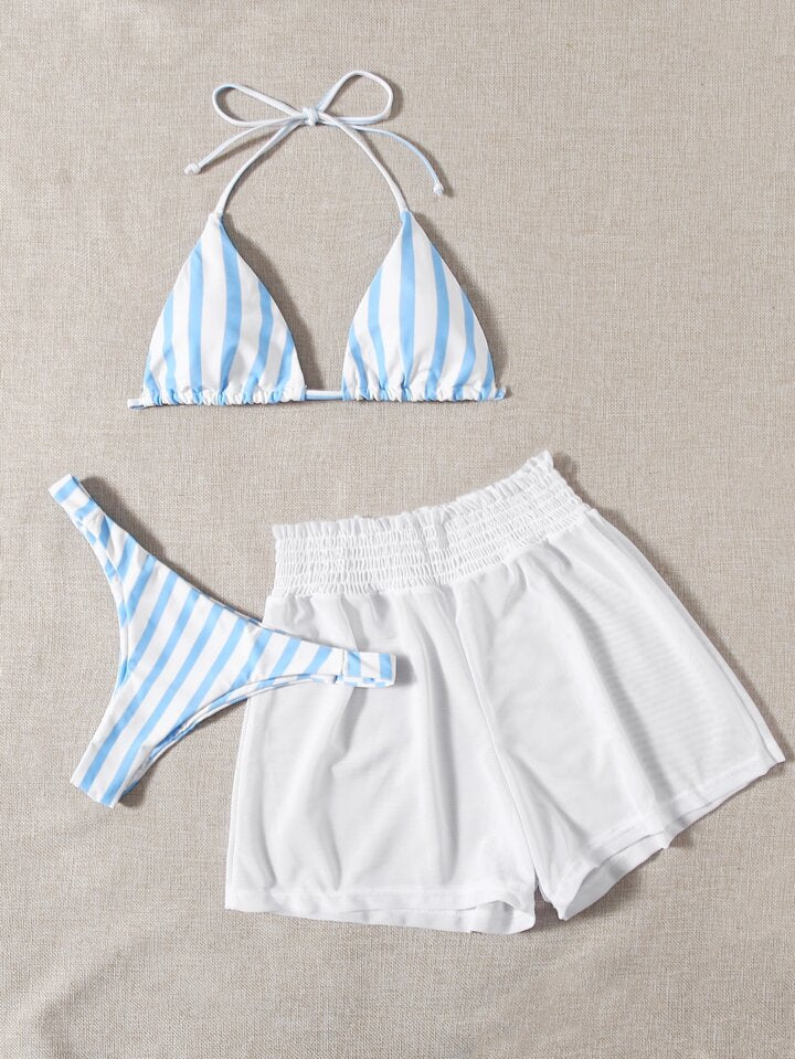 Striped Triangle Bikini Set & Mesh Shorts