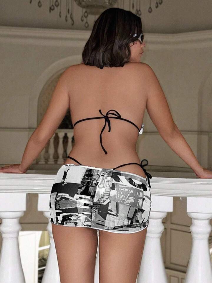 Letter Printed Three-Piece Triangle Separated Bikini Set