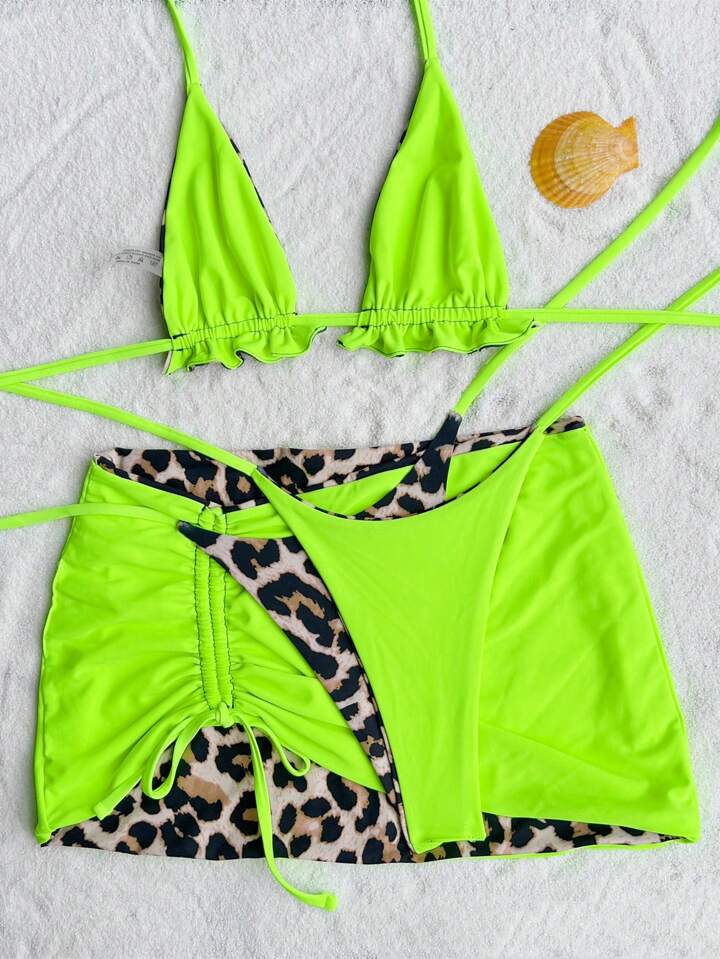 3pcs Leopard Print Reversible Bikini Set