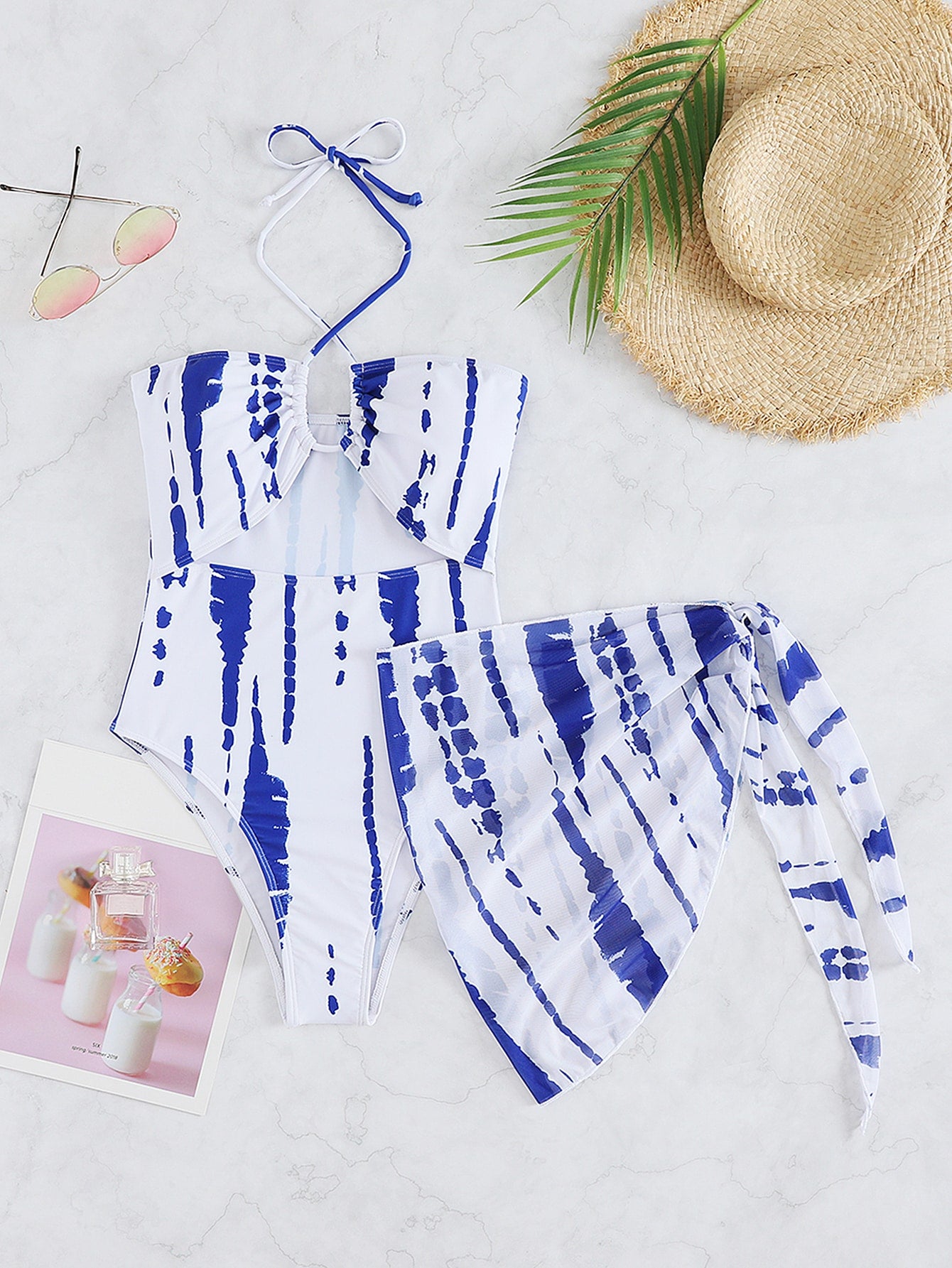Tie Dye Cut Out Halter One Piece Swimsuit With Beach Skirt