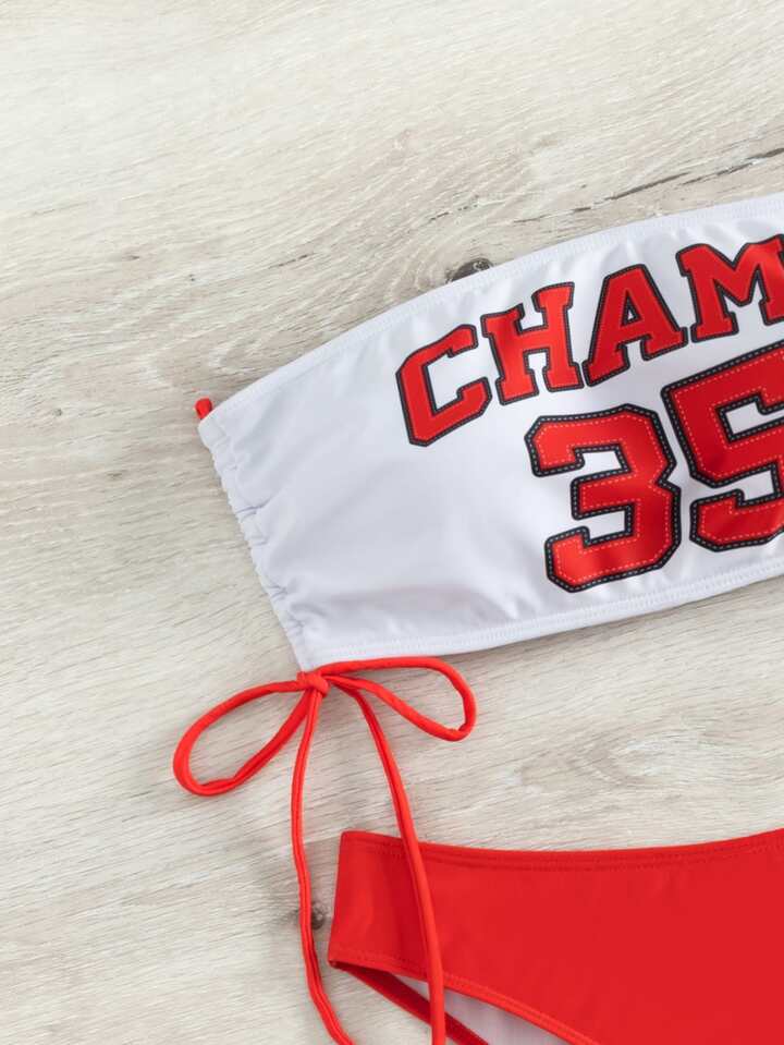 Letter Graphic Drawstring Side Bandeau Bikini Set
