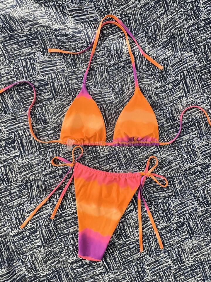 Spaghetti Strap Halter Top And Side Tie Bikini Bottom Bikini Set Set