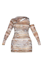 Load image into Gallery viewer, Shape Multi Printed Mesh Asymmetric Multi Cut Out Long Sleeved Dress
