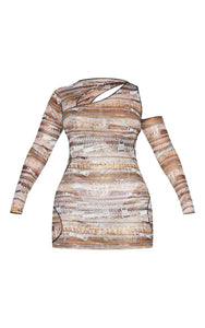 Shape Multi Printed Mesh Asymmetric Multi Cut Out Long Sleeved Dress