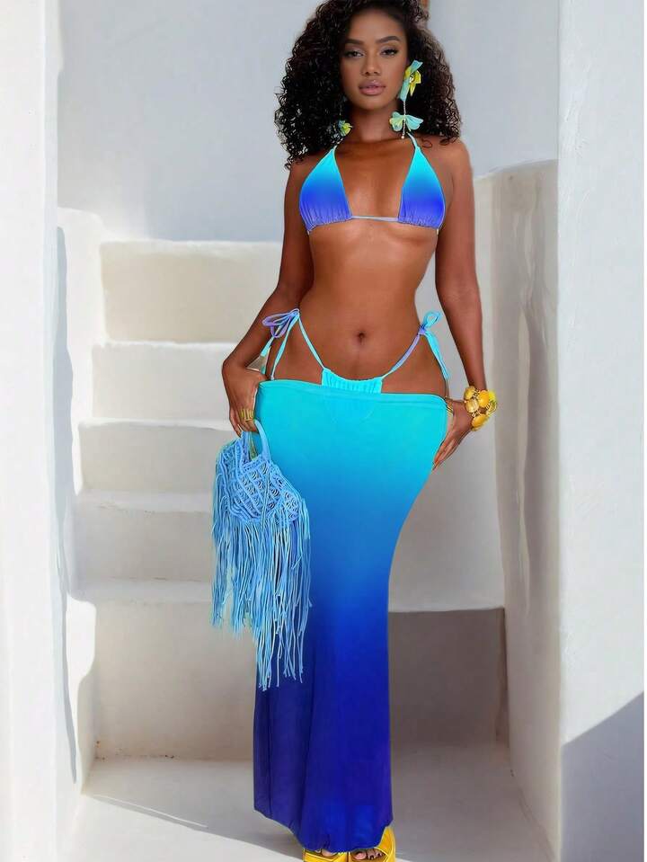 Bright Ombrem Solid Color Sexy Halter Bikini Swimwear Set Long Sarong Dress