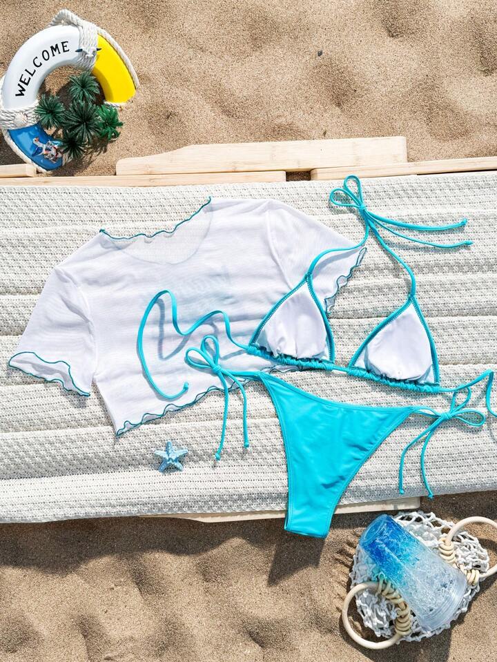 Halter Tie Sexy Bikini Swimwear Set With Short Sleeve Cover Up Top