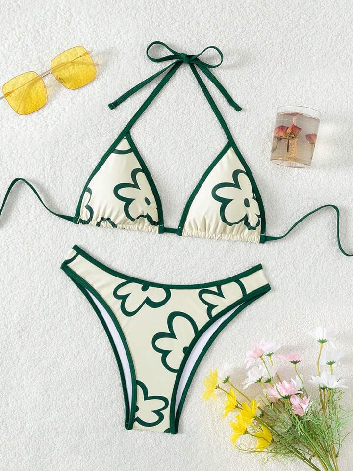 Floral Printed Contrast Color Trim Bikini Set