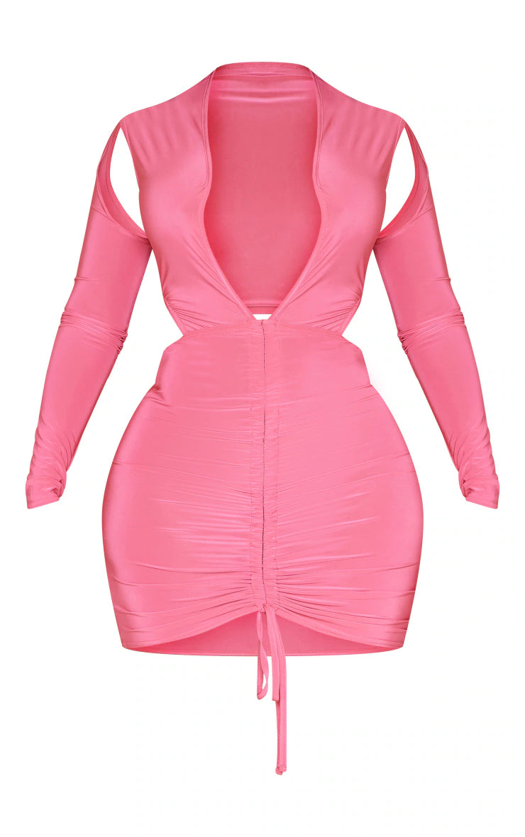 Shape Hot Pink Slinky Long Sleeve Plunge Ruched Bodycon Dress