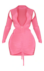 Load image into Gallery viewer, Shape Hot Pink Slinky Long Sleeve Plunge Ruched Bodycon Dress
