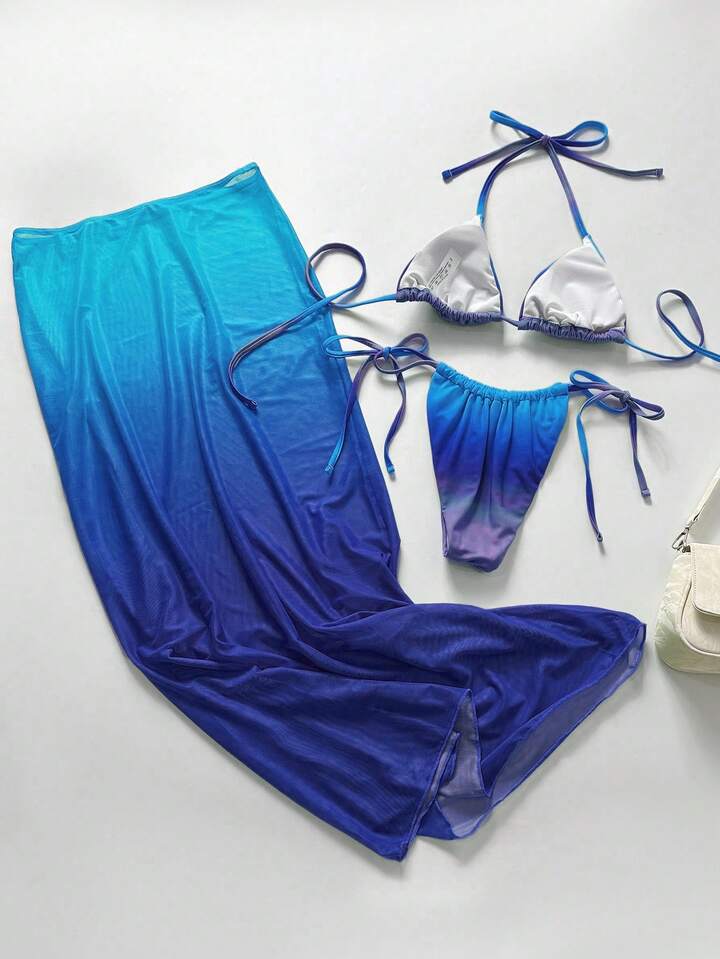 Bright Ombrem Solid Color Sexy Halter Bikini Swimwear Set Long Sarong Dress