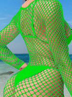 Load image into Gallery viewer, Neon Green Shark Print Fishnet Hollow Out Long Sleeve
