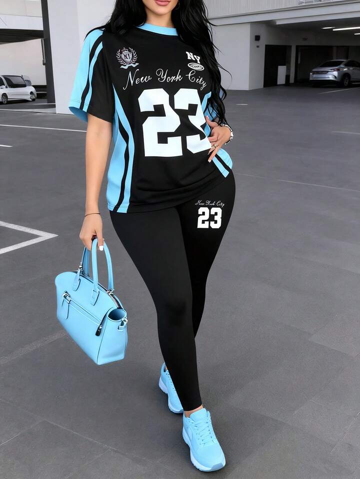 Number 23 & Slogan Graphic Print Short Sleeve Top And Skinny Leggings 2 Pieces Set