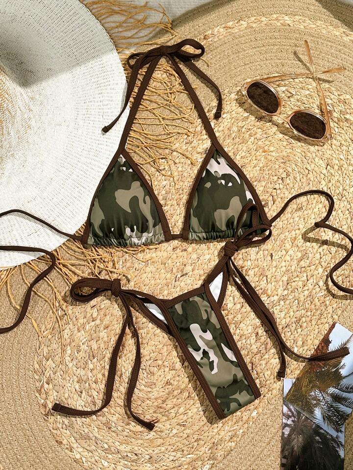Camouflage Print Bikini Set With Shoulder Straps