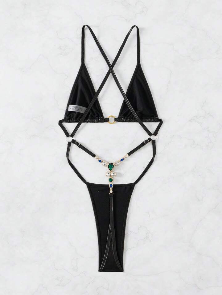 Patent Leather Front Gold Ring Decor Criss-Cross Backless Bodysuit With Rhinestone Ornament