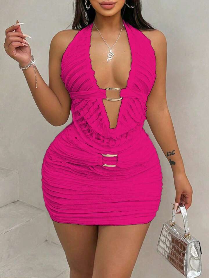 Deep V-Neck Pleated Halter Backless Top And Bodycon Skirt Two Pieces Set