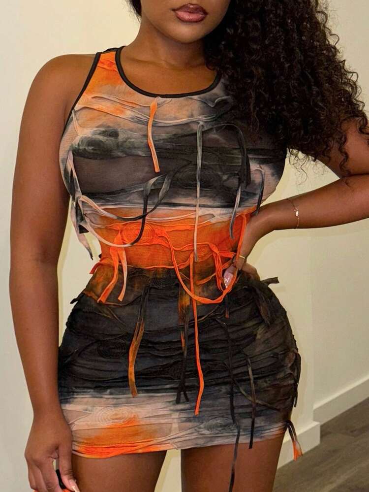 Tie-Dye Fringed Sleeveless Bodycon Mini Dress