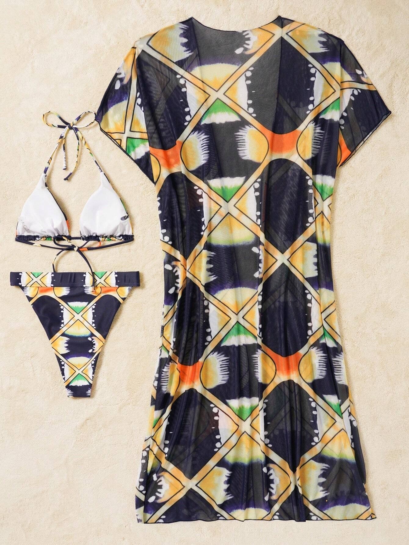 Tie-Dye And Plaid Printed Separated Bikini Set With Top