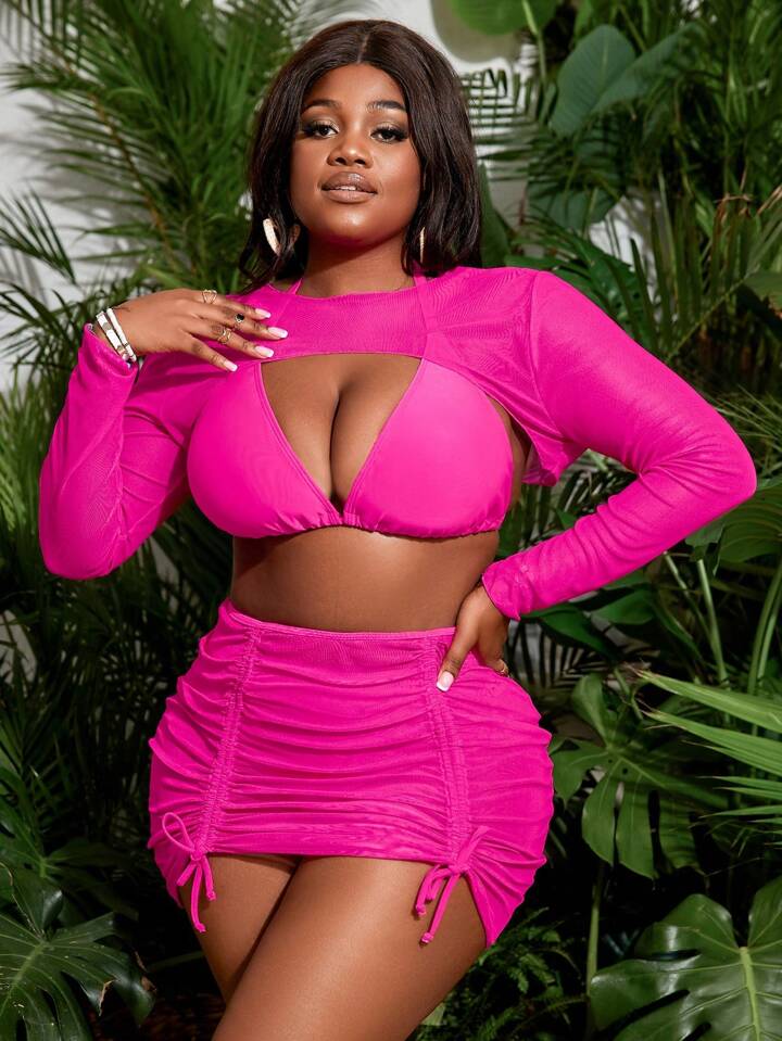 Plus Size Women Fashion Solid Color Bikini Set
