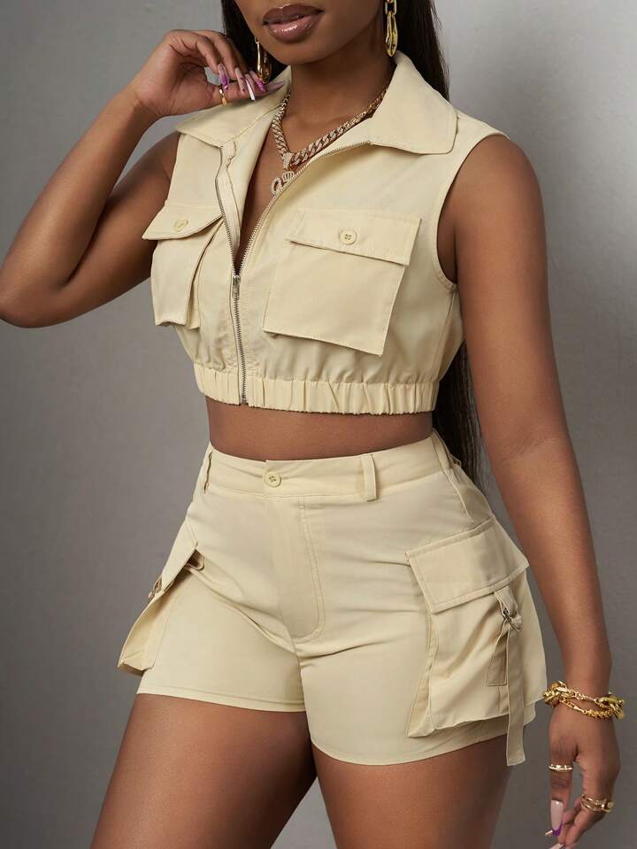 Sleeveless Lapel Top With Pocket Design And Shorts