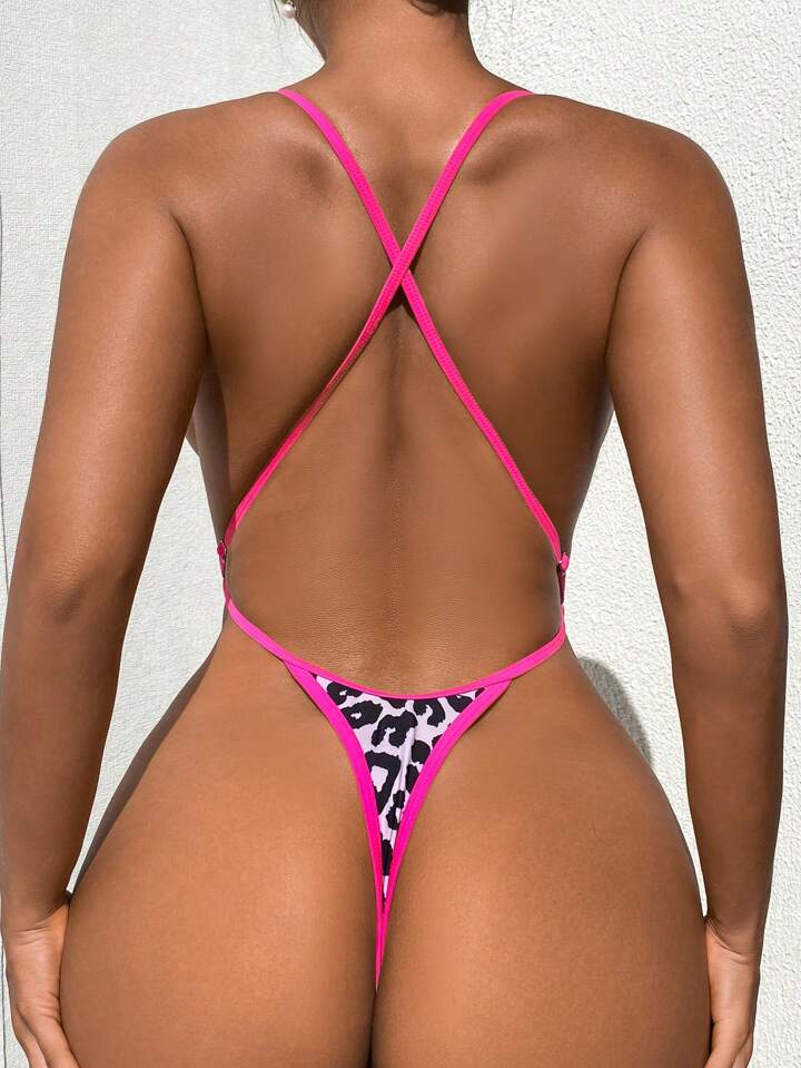 Leopard Print Hollow Out Colorblock Spaghetti Strap Backless Cross Strap One Piece Swimsuit