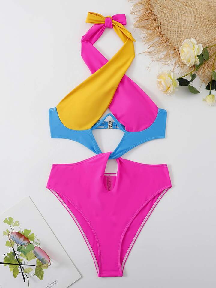 Colorblock Cut Out Tie Back Underwire One Piece Swimsuit