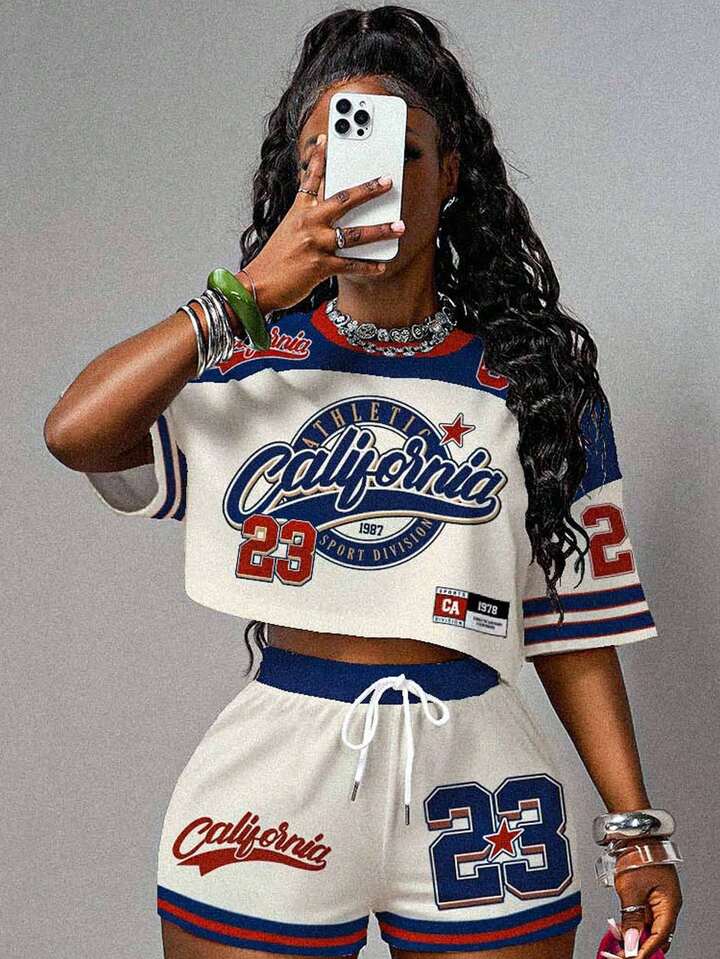 23 Letter Graphic Round Neck Oversized Snowflake Fabric T-Shirt And Shorts Sets