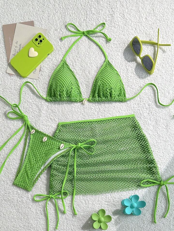 Solid Color Halter Neck Swimwear, Triangle Bikini Bottoms, And Swim Skirt Cover-Up