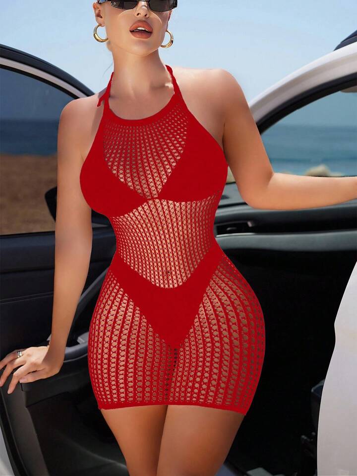Hollow Halter Vacation Mini Slip Dress