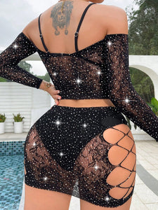 Rhinestone Studded Hollow Out Cover Up Set Without Bikini