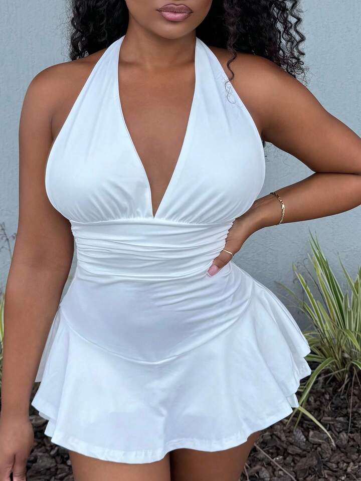 Halter Neck High Elastic Waist A Hem Tight Jumpsuit With Ruffles