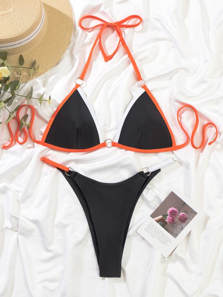 Contrast Binding Ring Linked Triangle Bikini Set