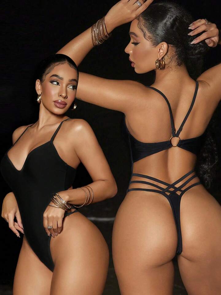 Solid Color Casual Strap One-Piece Swimsuit