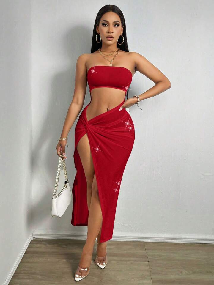 High Split Hollow Out Strapless Dress