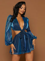 Load image into Gallery viewer, Cut Out Plunging Neck Lantern Sleeve Metallic Romper
