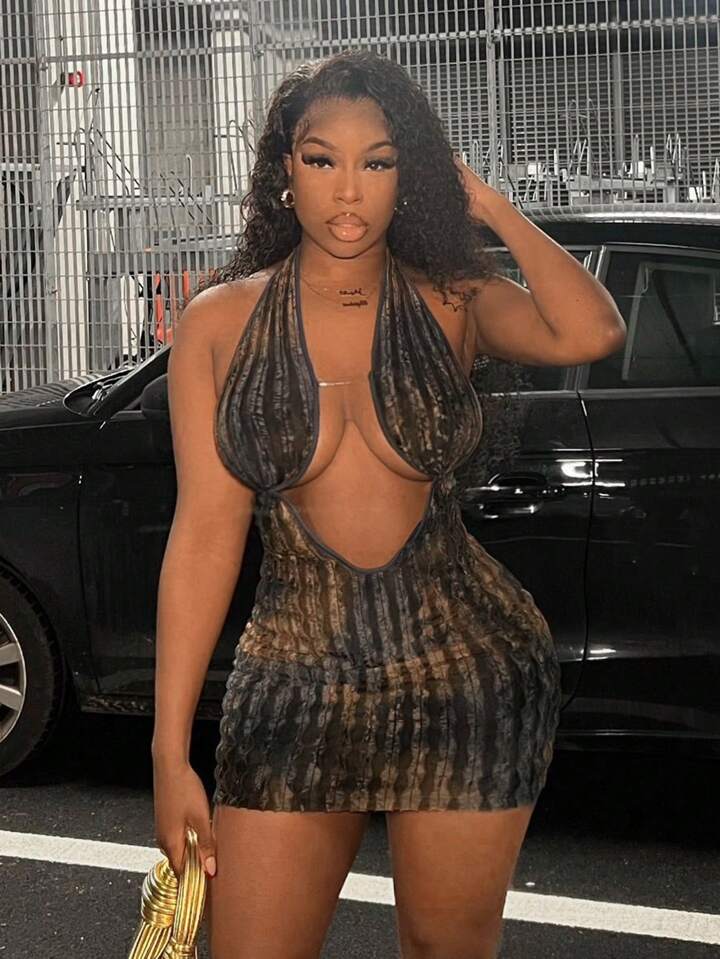 Halter Backless Sheer Bust Mini Dress