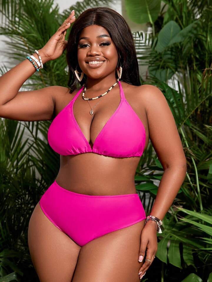 Plus Size Women Fashion Solid Color Bikini Set