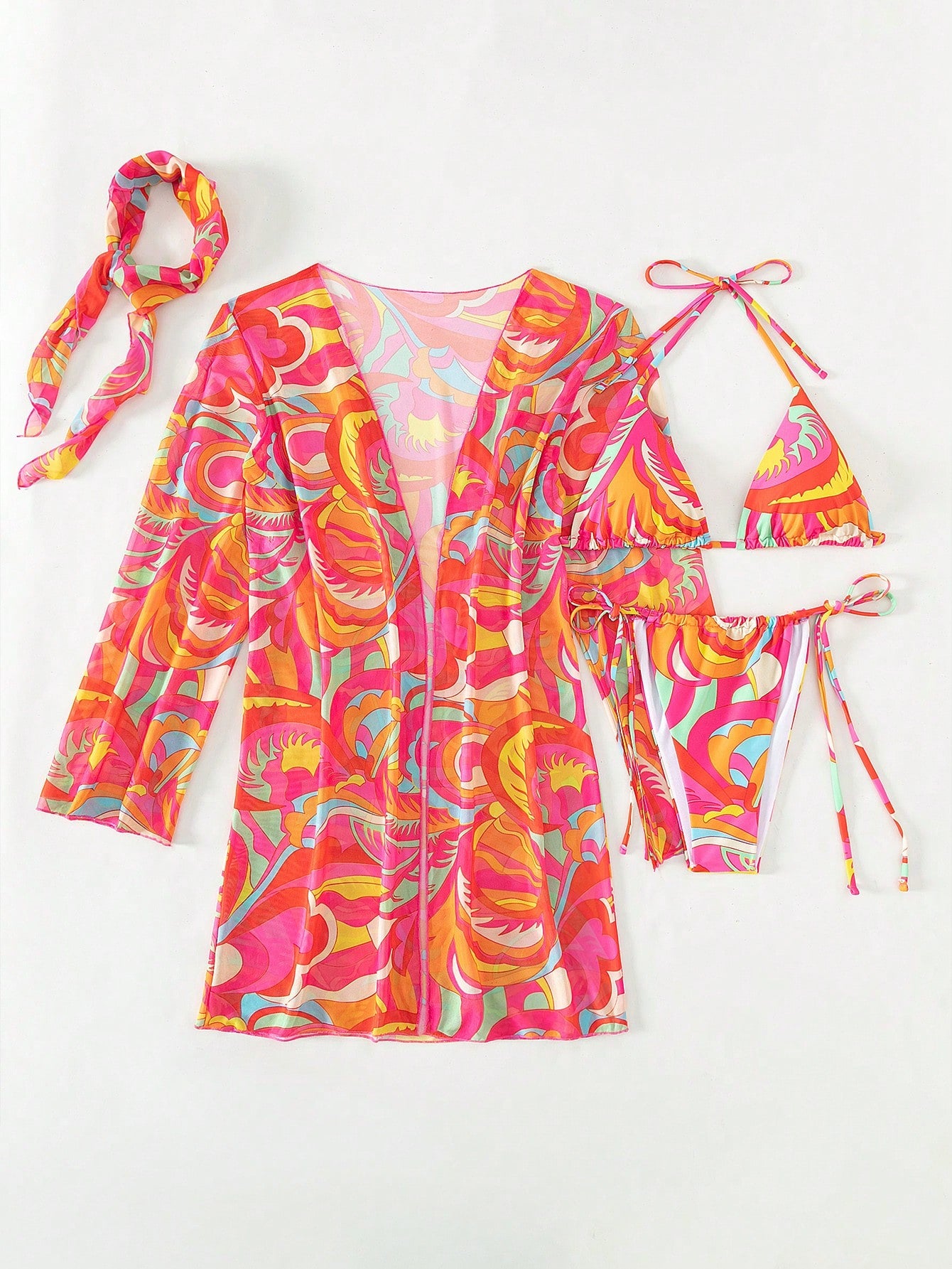 Allover Print Halter Triangle Bikini Swimsuit With Kimono