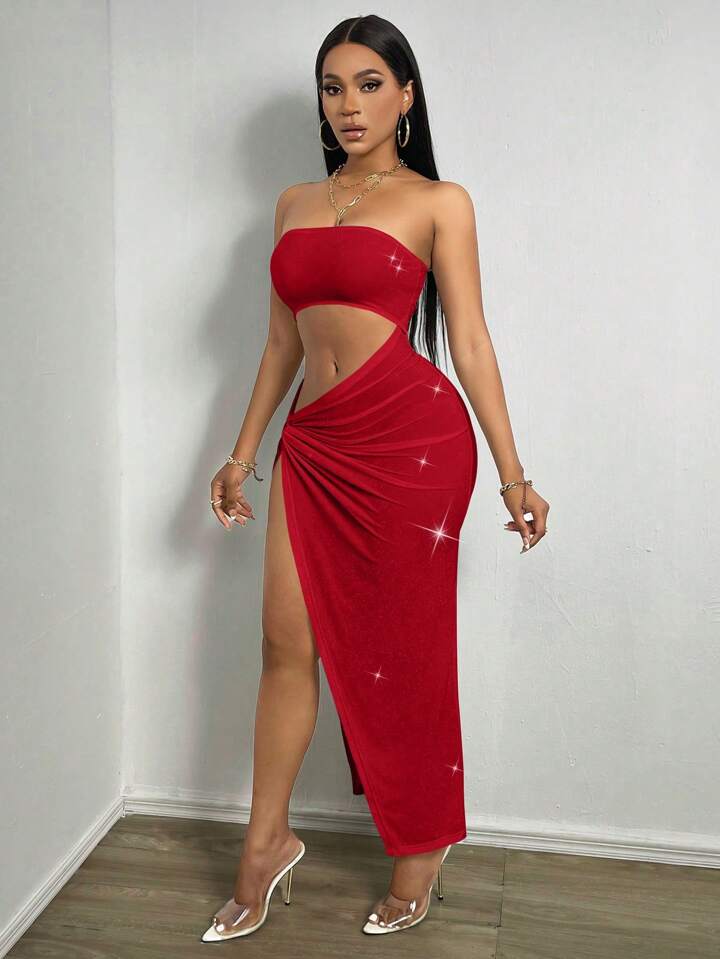 High Split Hollow Out Strapless Dress