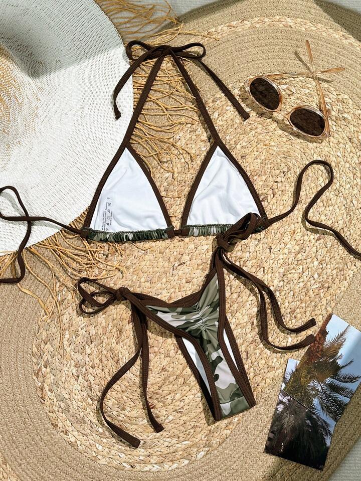 Camouflage Print Bikini Set With Shoulder Straps