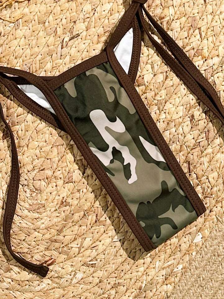 Camouflage Print Bikini Set With Shoulder Straps
