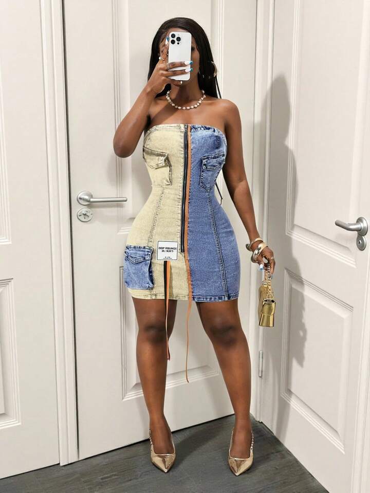 Zip Front Fitted Denim Dress Jeans