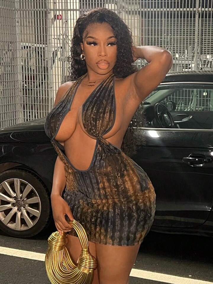 Halter Backless Sheer Bust Mini Dress