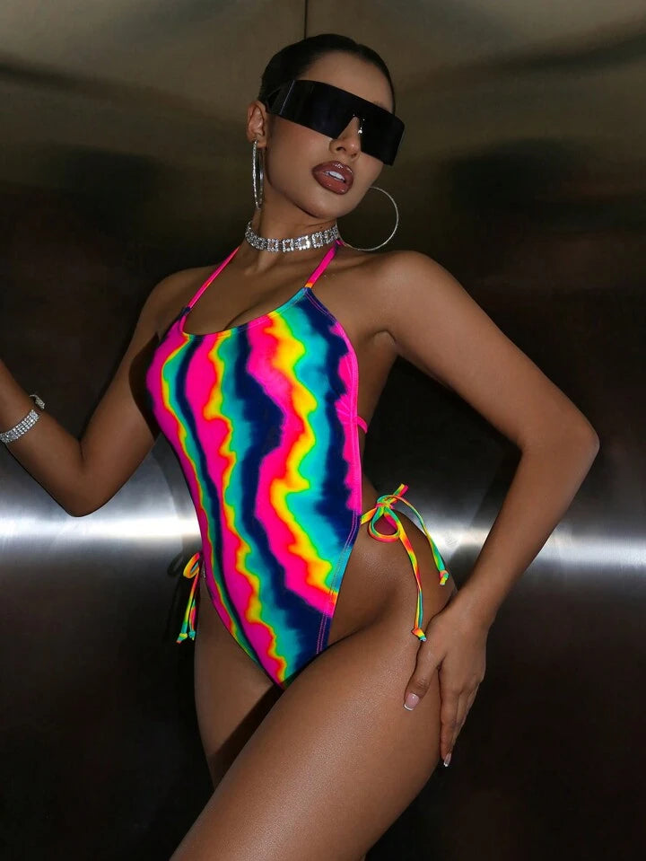 Tie-Dye Neon Halter Backless One-Piece Swimsuit Bathing Suit For Summer Beach