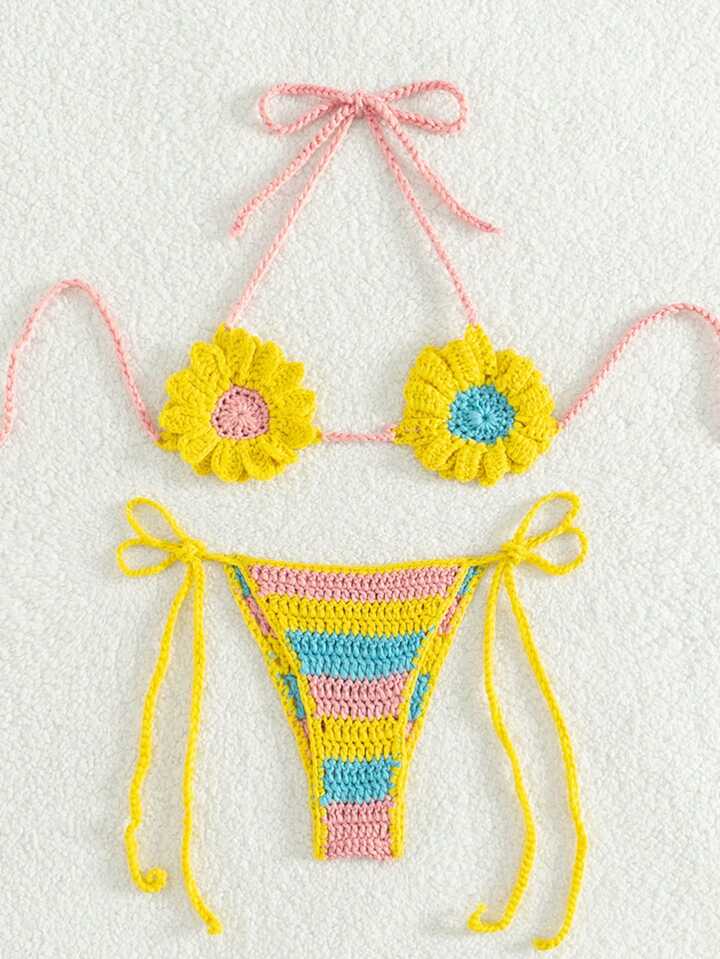 Color Block Crochet Halter Top & Brief Cover Up Sets