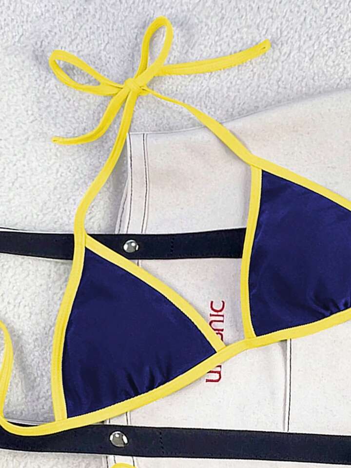 Spaghetti Strap Halter Neck, Side Tie Thong Bikini Set