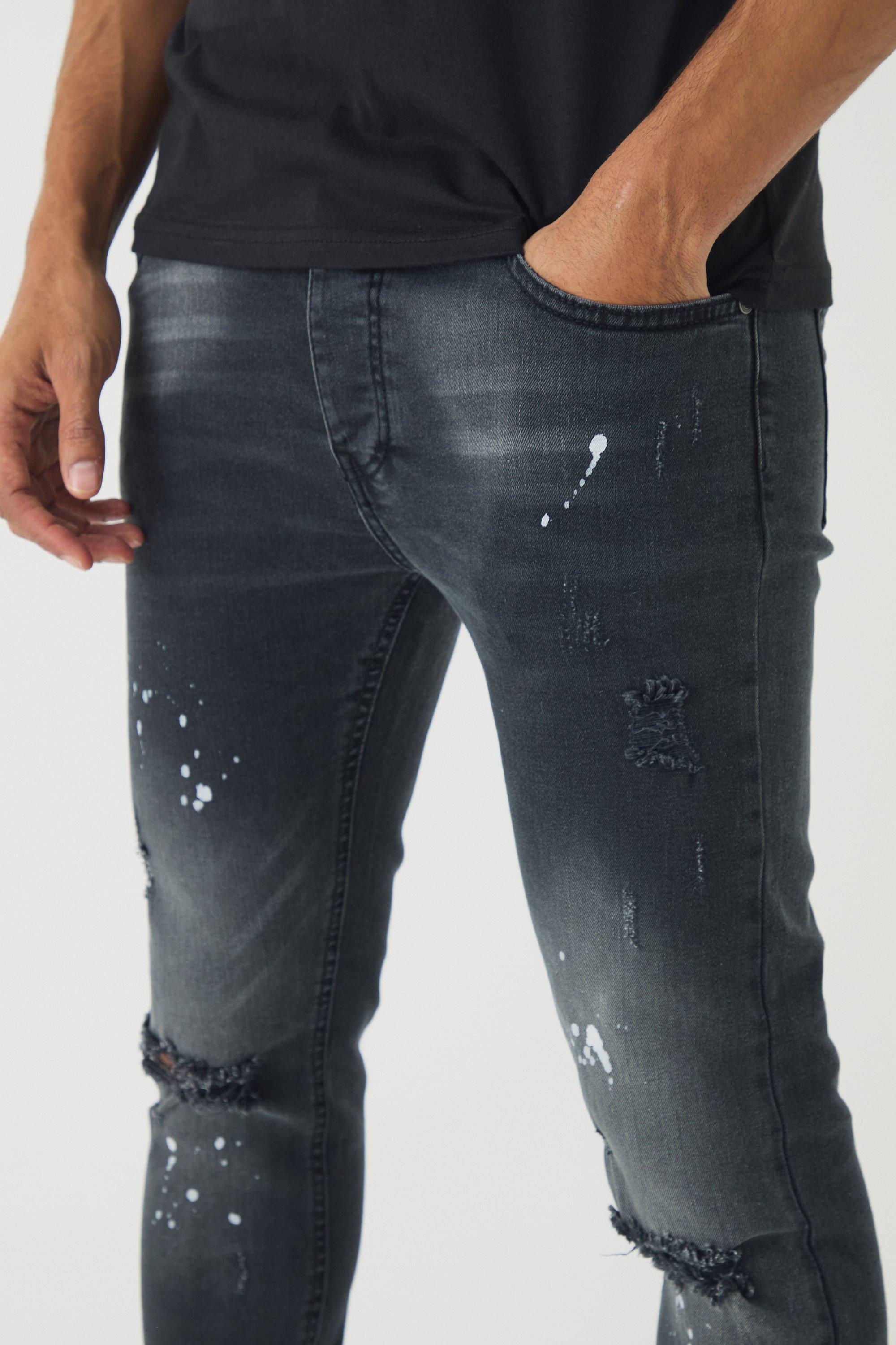 Skinny Stretch Ripped Paint Splatter Jeans