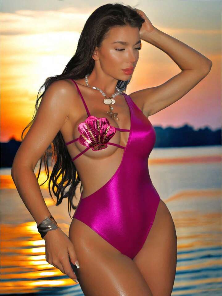 Metallic Foil Material Spaghetti Strap Backless Sequin Shell One-Piece Swimwear