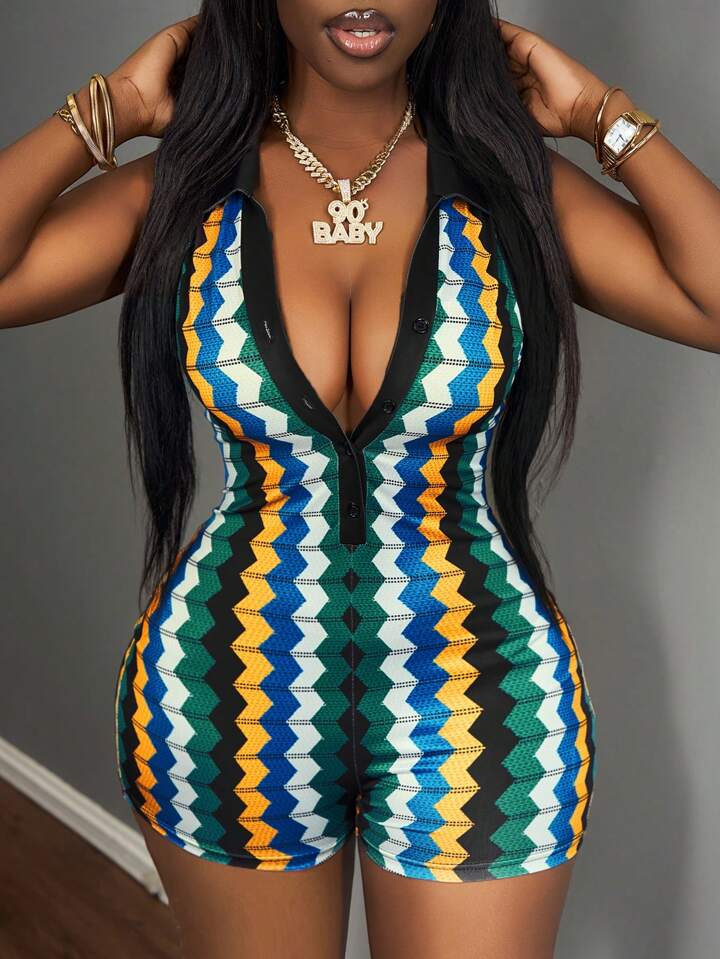 Polo Collar Sleeveless Bodycon Mini Jumpsuit-B