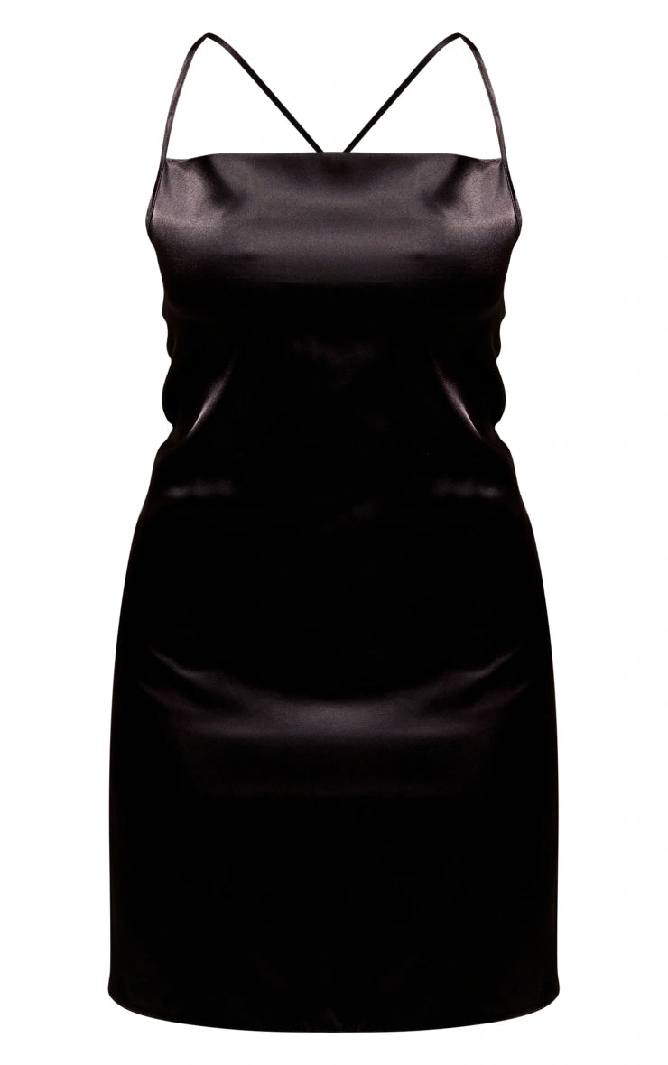 Black Satin Cowl Neck Tie Back Shift Dress