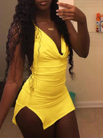 Load image into Gallery viewer, Yellow Halter Cowl Collar Bodycon Dress With Open Back And High Side Slit
